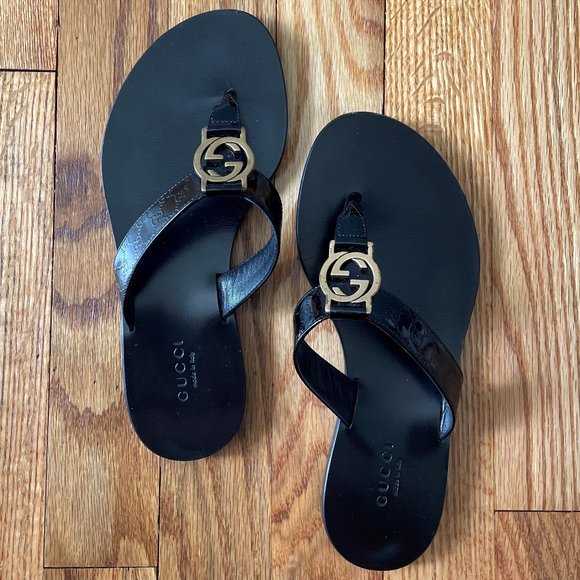 Gucci Black Vernice Crystal Thong Sandal Size 34.5 - Picture 3 of 11